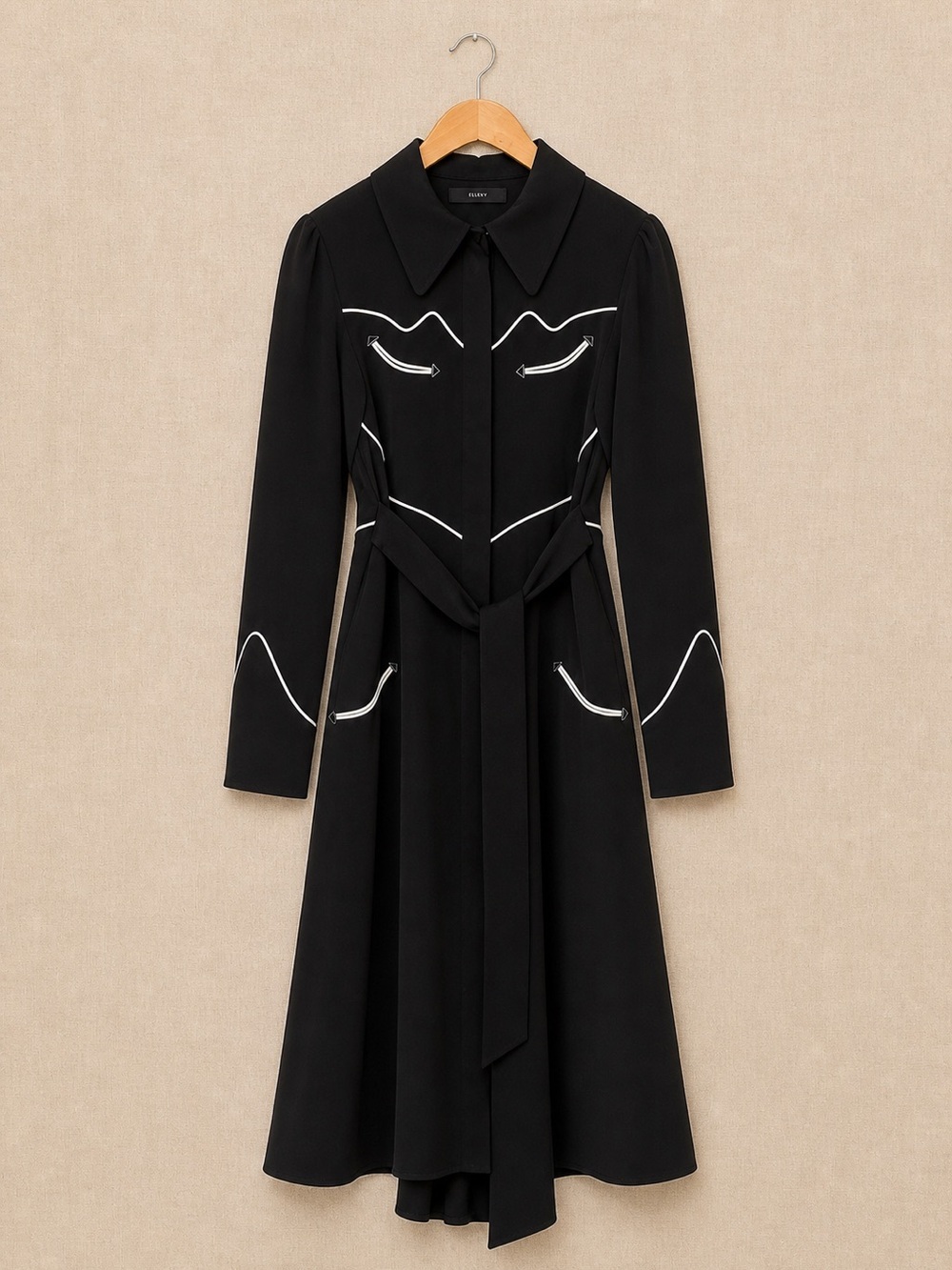 ELLERY Nashville Piped Shirt Dress Black Midi Western Tailored US4